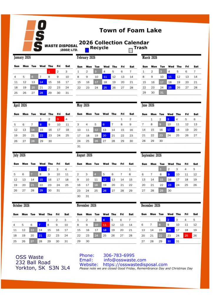 Waste Collection Calendar for the Town of Foam Lake for 2026, including waste and recycling 